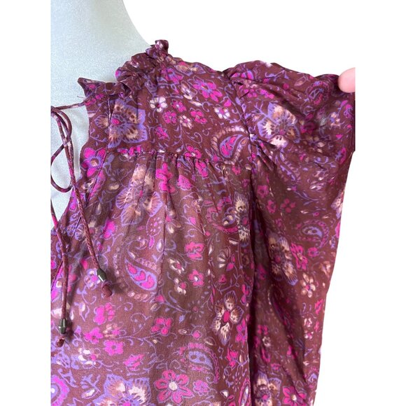 Ulla Johnson Blouse Size Medium Floral Print Tie Neck Ruffle Silk Magenta Pink - Picture 8 of 9